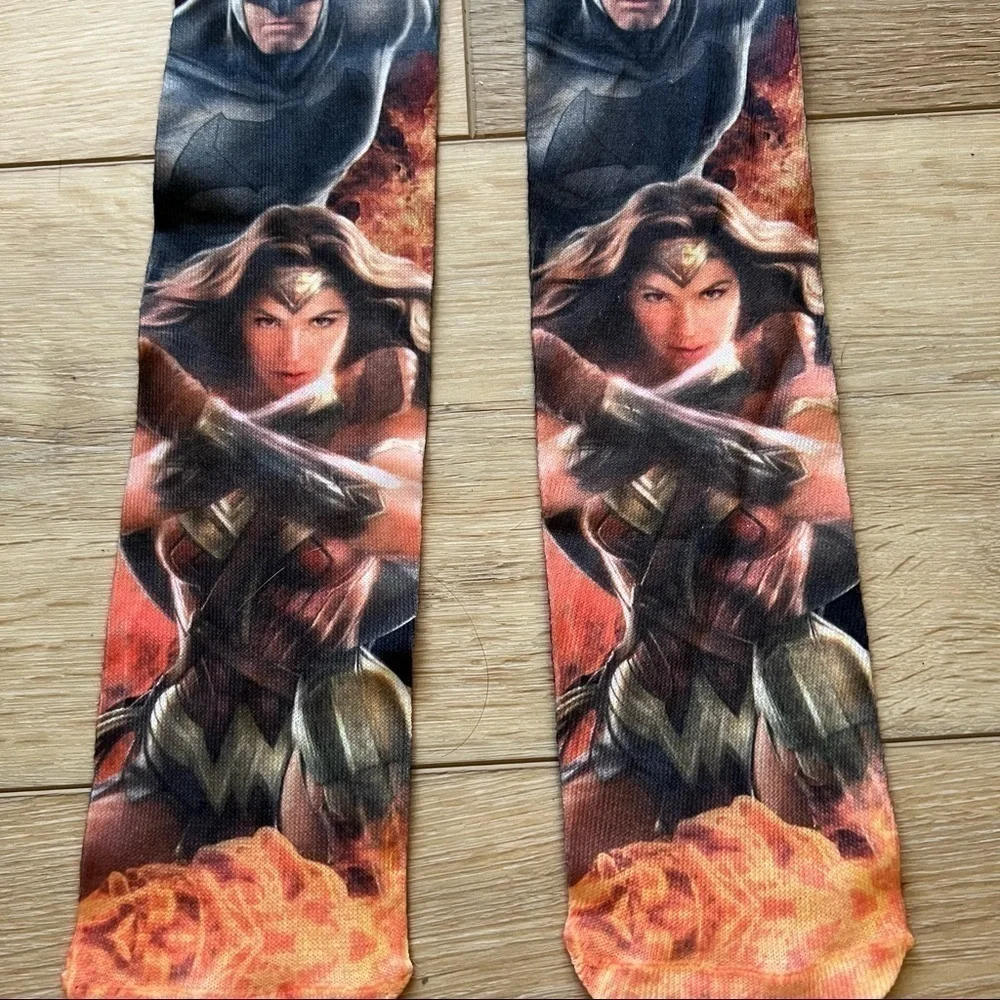 𝅺superhero Knee socks, size 16, Superman Batman Wonder Woman, blue red orange.